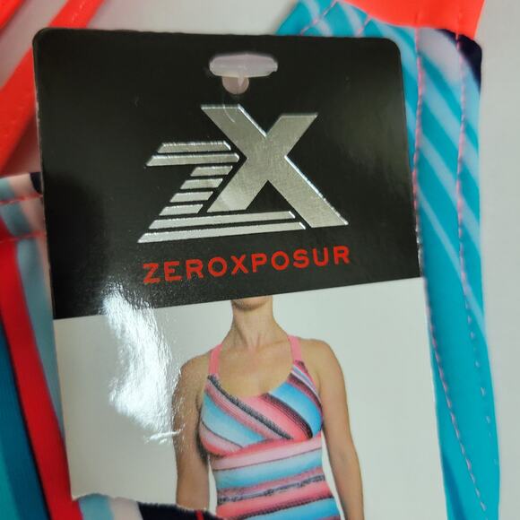 ZeroXposur Tankini Swimsuit Top Coral Teal Navy Stripe Cross Back Women Sz 8 NWT - Picture 2 of 7